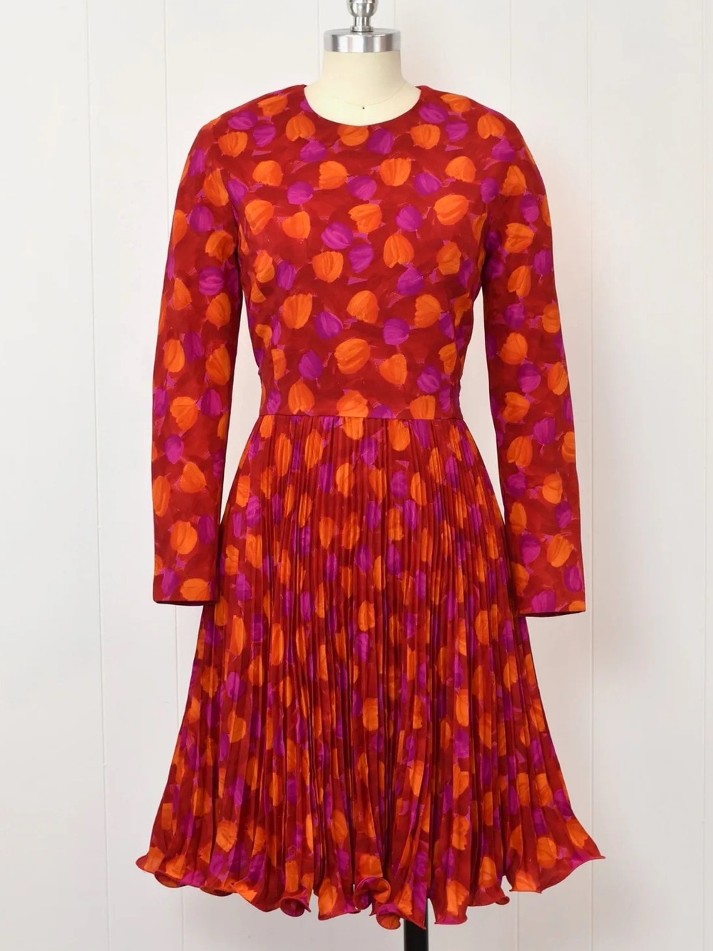 Arnold Scaasi vintage 1990s tulip floral print pleated silk midi dress
